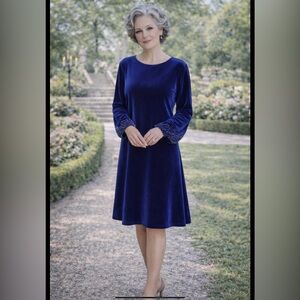 Calvin Klein Sz 14 Royal Blue Velveteen Holiday Dress Rhinestone Blouson Sleeves